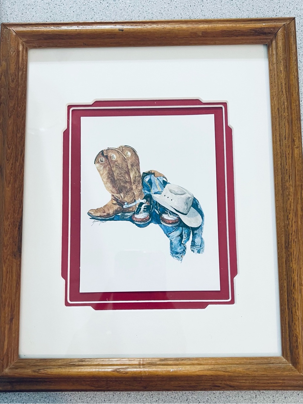 Framed Western Boots and Hat Print in Brown Frame - Home Art